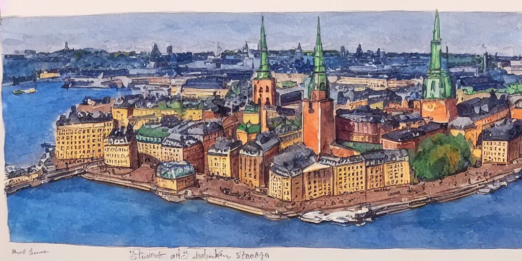 Image similar to isometric view of stockholm, watercolour realism
