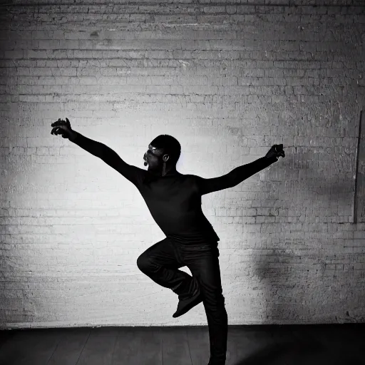 Image similar to black man dancing inside a state of the art photography studio
