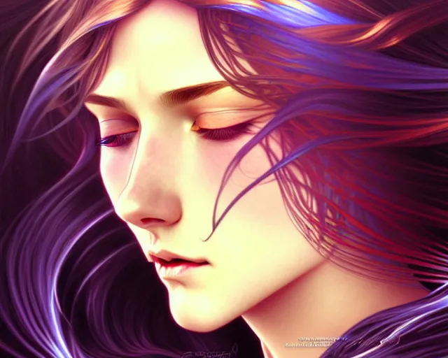 Image similar to overlord, psychedelic flowing hair, close eyes, portrait, highly detailed, deep focus, elegant, digital painting, smooth, sharp focus, illustration, ultra realistic, 8 k, art by artgerm and alphonse mucha