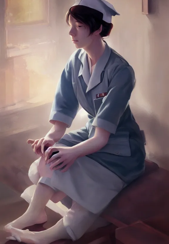 Prompt: a portrait of a tired female nurse in world war 2, 1 9 4 0 setting, sad colors, soft lighting, atmospheric, cinematic, moody, in the style of ilya kuvshinov, range murata, luiz escanuela, alyssa monk, hyperrealism, rule of thirds, oil on canvas, 8 k