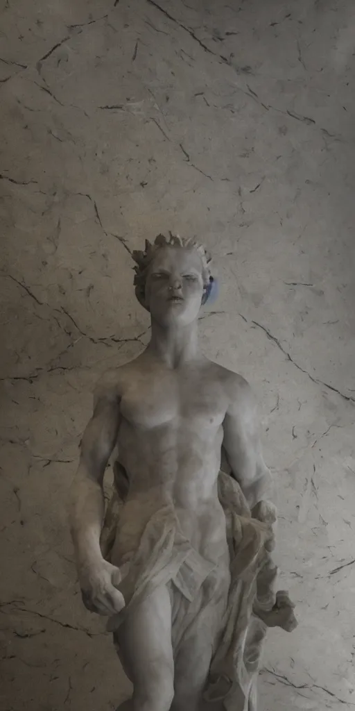 Image similar to weird marble statue close up in a dark room, creepy and eerie athmosphere, mist, godrays, photorealistic, highly detailed, unreal engine