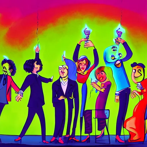 Prompt: young people in a fancy nightclub dancing and drinking, partylights, great colors, in the style of charles addams, trending on artstation