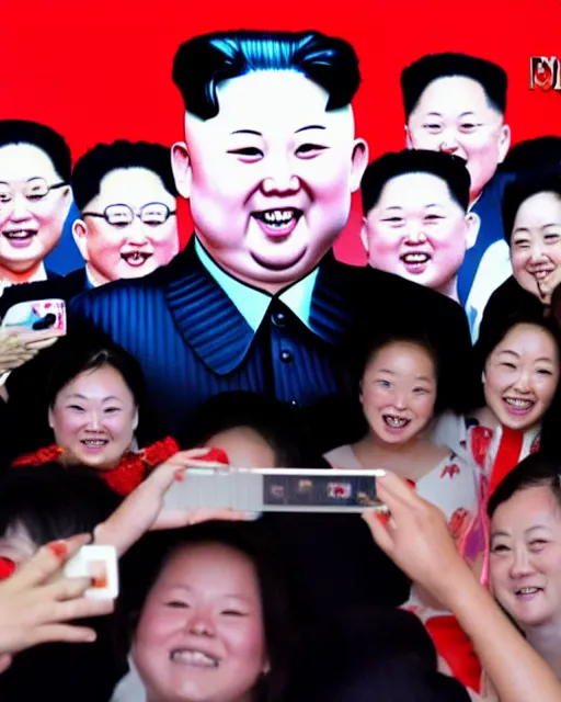 Image similar to phone photo of excited fans taking picture with Kim Jong-Un at a exclusive backstage meet and greet, realistic, 4k, 8k