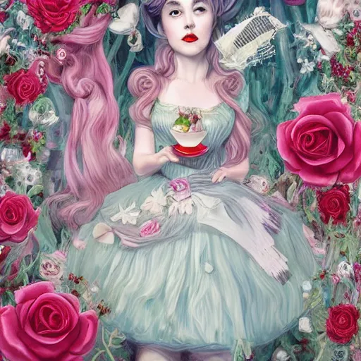 Image similar to Alice in Wonderland at the tea party, she looks like a mix of grimes, Aurora Aksnes and Lana Del rey, childlike, billowing elaborate hair and dress, strings of pearls, surrounded by red and white roses, digital illustration, inspired by a stylistic blend of Aeon Flux, Japanese shoujo manga, and John singer Sargent paintings, hyper detailed, dreamlike, otherworldly and ethereal, delicate, flower petals, super photorealistic, iridescent, prismatic light, extremely fine inking lines