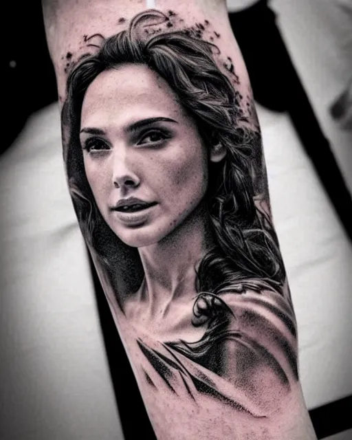 Image similar to creative double exposure effect tattoo design sketch of beautiful gal gadot faded with beautiful mountain scenery, realism tattoo, in the style of matteo pasqualin, amazing detail, sharp