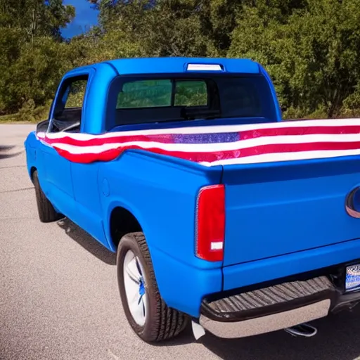 Prompt: photo of blue pickup truck with american flags, there are very attractive woman in the back of the truck whering bikinis.