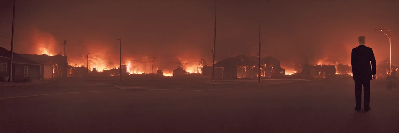 Prompt: medium format photo, cinema still from david lynch movie, sleazy man watching night streets while a single house burns in the background of suburbia, haze, americana, high production value, intricate details, 8 k resolution, hyperrealistic, hdr, photorealistic, high definition, high details, tehnicolor, award - winning photography, masterpiece, amazing colors