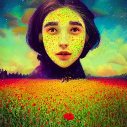 Image similar to girl with one blooming flower as a face, surreal photography, dream, standing in flower field, hills, big trees, sunrise dramatic light, impressionist painting, colorful clouds, digital painting, pointillism, artstation, simon stalenhag, flower face