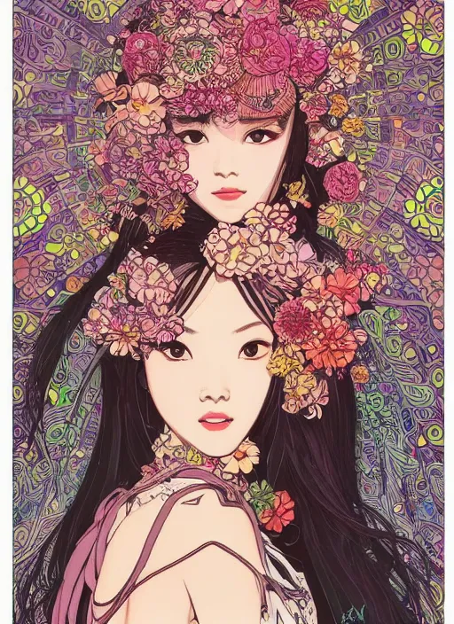 Image similar to beautiful lisa blackpink cyborg portrait girl female illustration detailed patterns art of thai traditional dress, flower pop art, floral splash painting, art by geof darrow, ashley wood, alphonse mucha, makoto shinkai