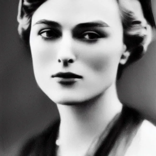 Image similar to edwardian photograph of a mix of keira knightley and grace kelly, 1 9 0 0 s, 1 9 1 0 s, grainy, slightly blurry, faded, realistic face, elegant, graceful, vintage hollywood star