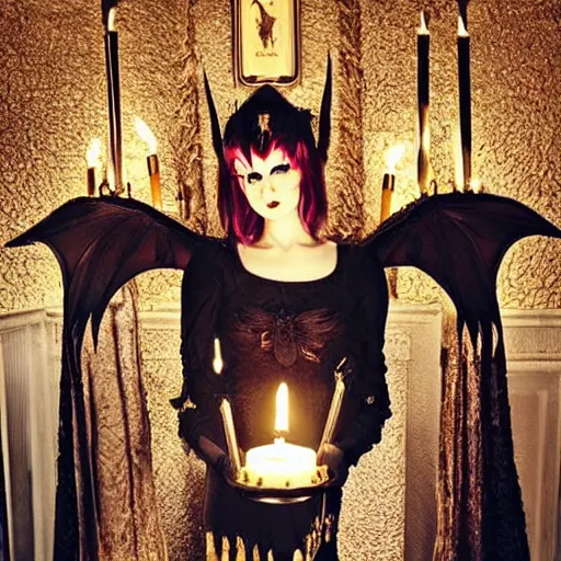 Image similar to gothic ritual with many golden candles, german shepherd with dragon wings in gothic makeup, gloomy, candlelight, intricate detail faces, fireplace photograph