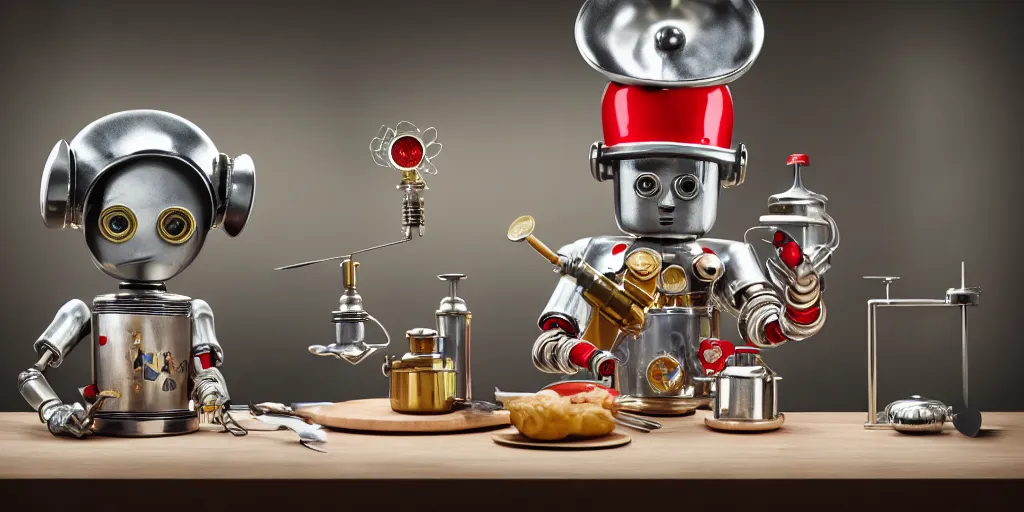 Image similar to closeup portrait of tin toy retro robot chef with flasks in a kitchen, cooking pastry with flasks, depth of field, zeiss lens, detailed, centered, fashion photoshoot, by nicoletta ceccoli, mark ryden, lostfish, breathtaking, 8 k resolution, extremely detailed, beautiful, establishing shot, artistic, hyperrealistic, octane render