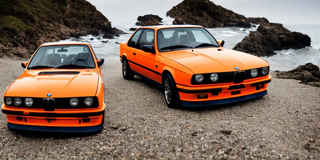 Image similar to orange bmw e30 m3 driving off a cliff into the ocean