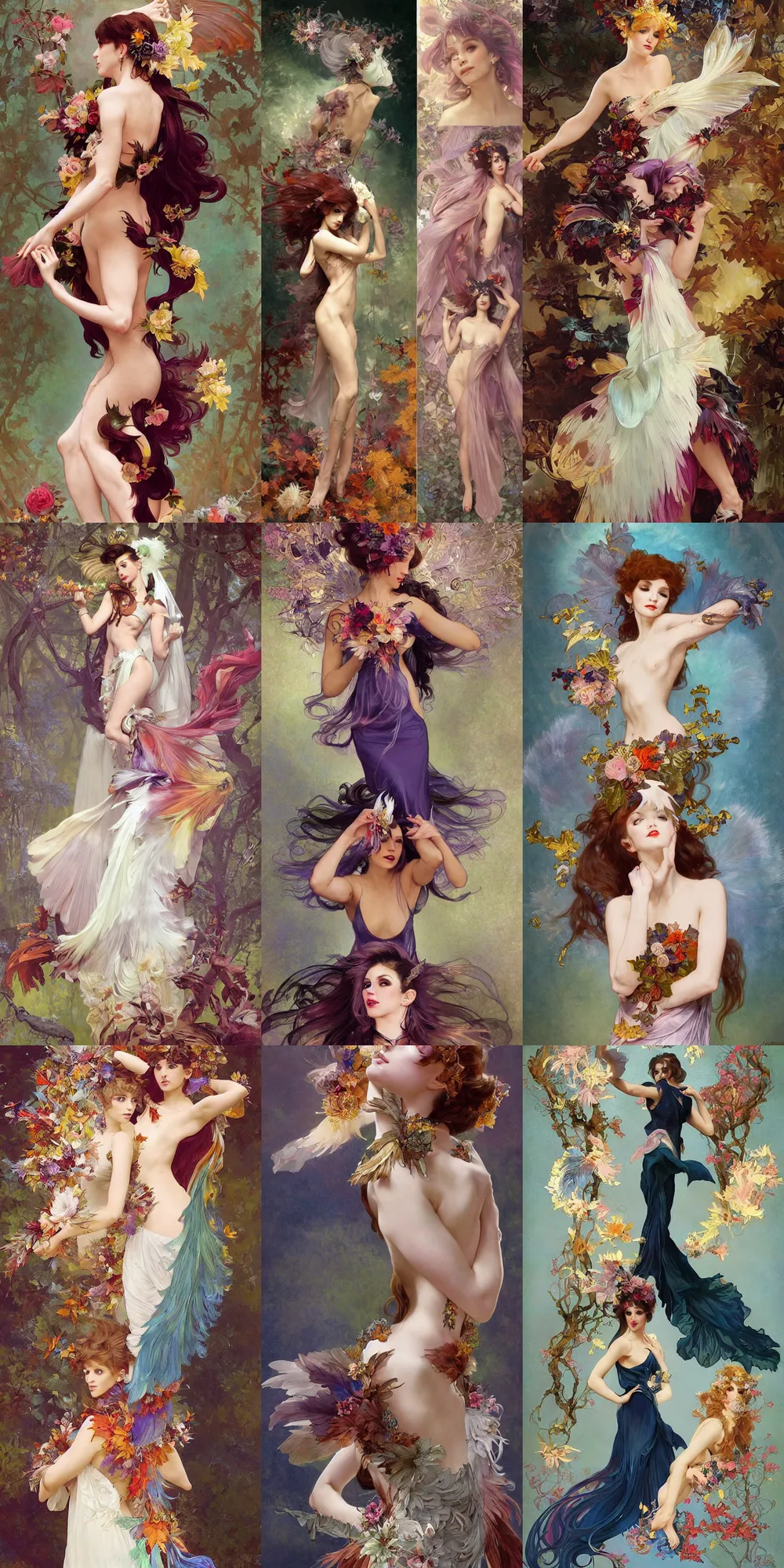 Image similar to Painterly character concept and fashion spot illustrations from a Final Fantasy Halloween-themed wedding, full-body, dynamic poses, diaphanous iridescent silks, autumn colors, bloom, god rays, cinematic lighting, intricate crystalline and feather jewelry, ornate, filigree, arcane, by Luis Ricardo Falero, by Alphonse Mucha, by Bouguereau, by Rubens, fantasy, portfolio illustration, highly detailed, trending on Artstation, CGsociety, Pixologic top row, rendered in Octane, rendered in Arnold, HQ, 8k, 35mm lens, f2.8, Bokeh,