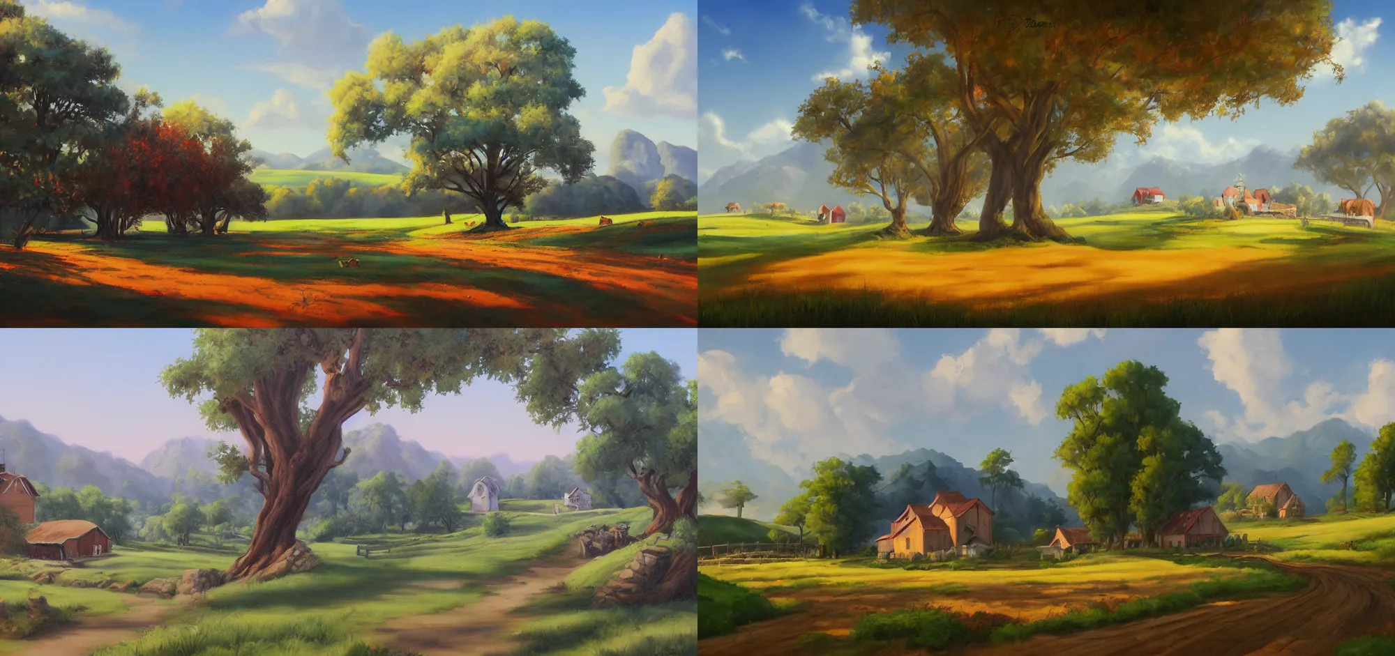 Prompt: beautiful landscape painting of a farm by Don Bluth, 4k, trending on artstation