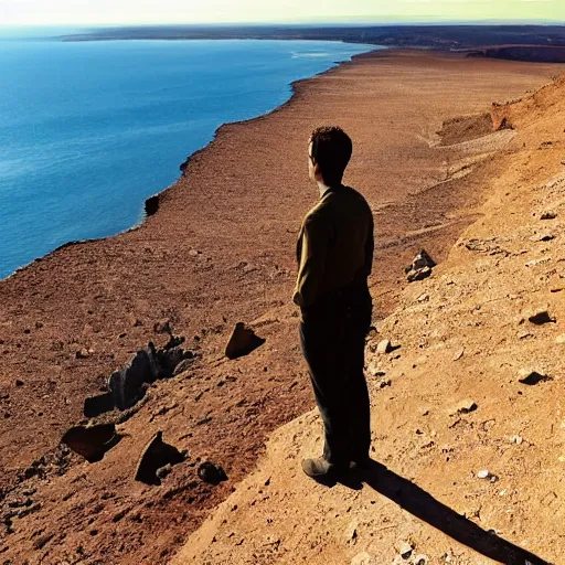 Image similar to A man stands at the edge of a cliff, looking out over a vast and empty desert, the sun beating down on him mercilessly, as he contemplates the long and arduous journey ahead.