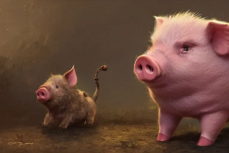 Image similar to cute fluffy pig by jean - baptiste monge, high quality, high resolution, 4 k, painted by cgsociety, rutkowski, gurney with ambient lighting, concept art, detailed, smooth, dynamic volumetric cinematic lighting, octane, raytrace