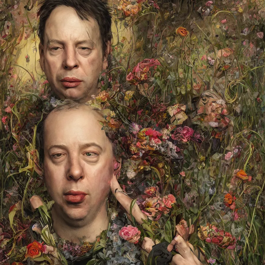 Prompt: male portrait of the john zorn todd solondz eating rotten flesh and puking blood, surrounded by flowers by karol bak, james jean, tom bagshaw, rococo, trending on artstation, cinematic lighting, hyper realism, octane render, 8 k, hyper detailed.