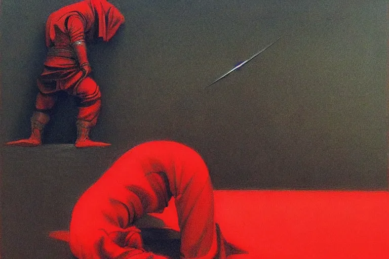 Image similar to only with red, a red samurai harakiri, tokio, a lot of frogs watch, in the style of beksinski, parts by edward hopper, parts by rodcenko, parts by yue minjun, intricate and epic composition, red by caravaggio, insanely quality, highly detailed, masterpiece, red light, artstation, 4 k