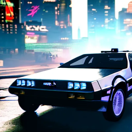 Image similar to flying dmc 1 2 delorean in cyberpunk 2 0 7 7