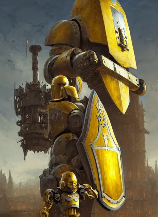 Image similar to human-sized strong intricate yellow pit droid holding large paladin medieval shield!!! and a long medieval engraved powerful great sword, pancake short large head painterly humanoid mecha, beautiful fantasy background by Greg Rutkowski