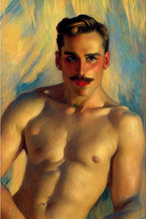 Prompt: attractive man, futurism, painting by gaston bussiere, tom of finland