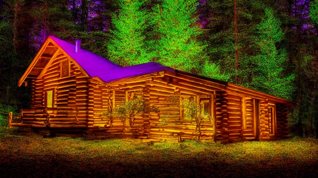 Image similar to portrait of an ethereal log cabin made of golden purple and green light, evergreen forest, divine, cyberspace, mysterious, high-contrast, 4k, award-winning photograph