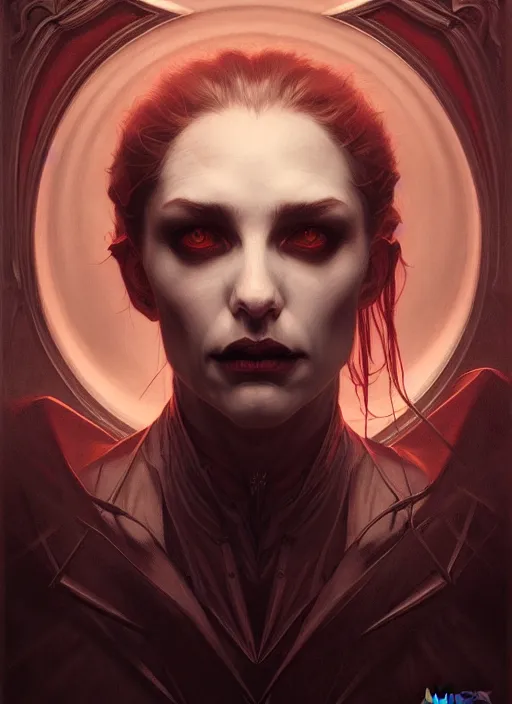 Image similar to symmetry!! portrait of a vampire, horror, moody lights!! intricate, scary, highly detailed, digital painting, artstation, concept art, smooth, sharp focus, illustration, art by artgerm and greg rutkowski and alphonse mucha