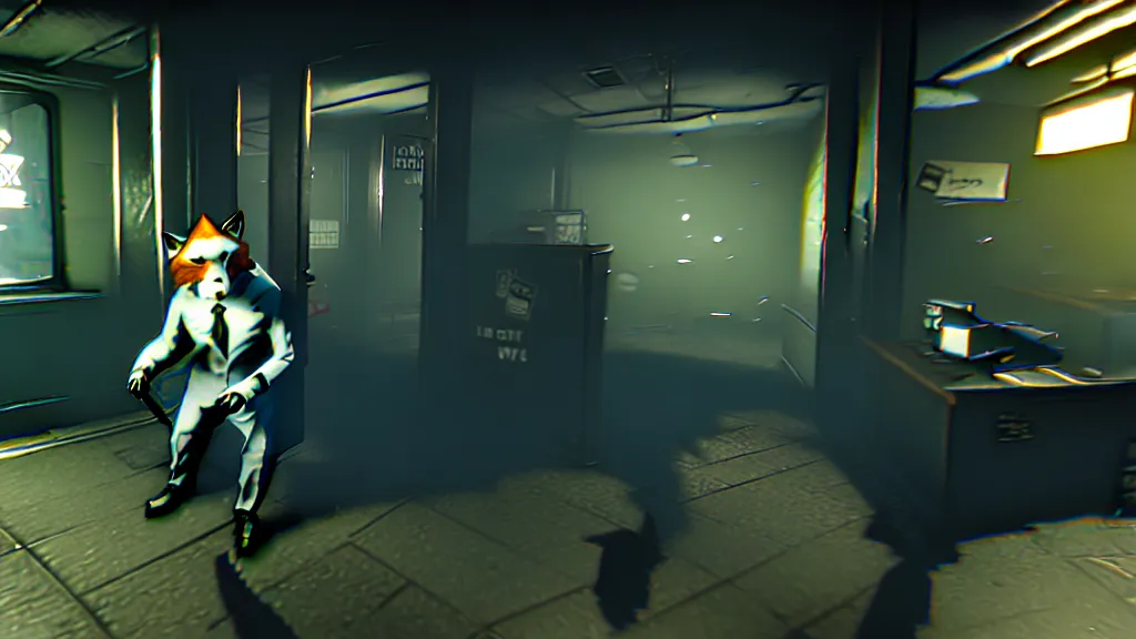 Image similar to screenshot from the pc game payday 2 demonstrating the fursuit unlock - hoxton? more like foxton.