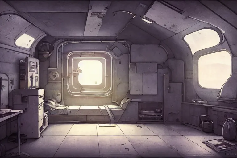 Image similar to single bedroom quarters inside 1960s rocket ship with gray metallic factory engine walls, details, sharp focus, intricate, high definition, retro, sci-fi, digital Art, 3D, Jordan Grimmer, greg rutkowski, WLOP, Studio Ghibli,