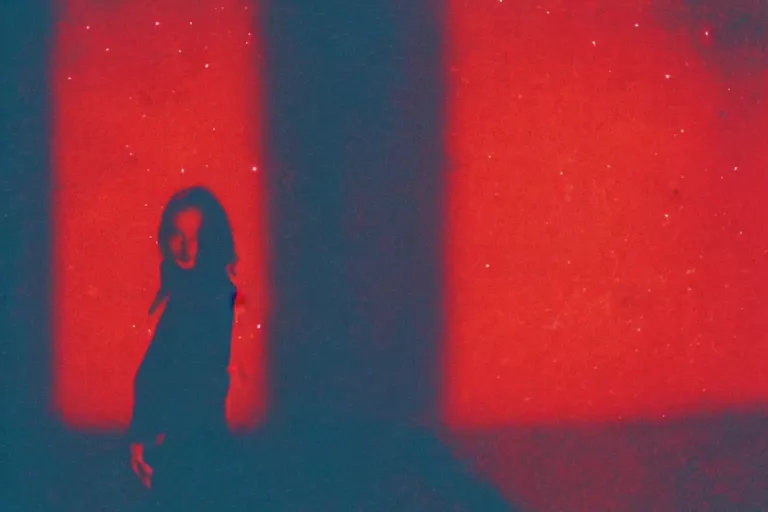 Image similar to blured shadow of dancing young woman on red light, focused background blue night sky with stars, polaroid photo