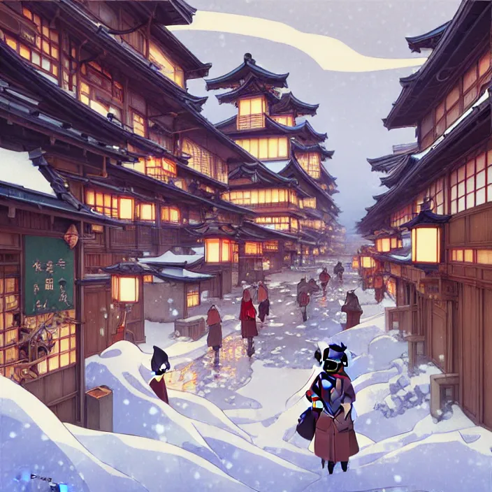 Image similar to japanese city, winter, in the style of studio ghibli, j. c. leyendecker, greg rutkowski, artem