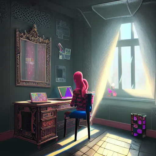 Prompt: prompt : gamer girl, bedroom desk, site - specific art, moody lighting, volumetric light, ray tracing global illumination, insanely detailed and intricate, hypermaximalist, elegant, ornate, hyper realistic, super detailed, artstation, by yaoy kusama