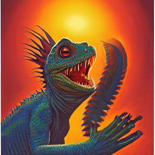 Prompt: portrait of lizard emerging from human skin, artwork by greg hildebrandt. 1 9 8 0 s horror movie poster