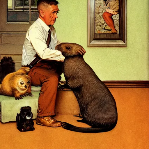 Image similar to Norman Rockwell painting of a very apologetic otter, artstation, furaffinity, high res, 4k