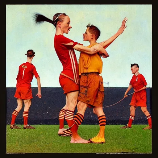 Image similar to Norman Rockwell painting of kangaroos wearing soccer uniforms, concept art, artstation, 4k