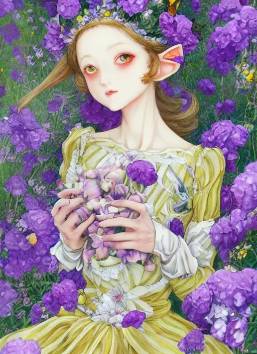 Prompt: elf girl, flower suit, soft hair. light color palate, purple, yellow and white. detailed soft painting, ayami kojima, made in abyss, anatomically correct, ilya kuvshinov, inspired in balthus, high detailed face anime, vogue magazine, glorious composition, mobile wallpaper