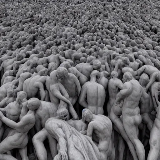 Prompt: hundreds of humans. A sea of humans. interconnected flesh. Crowdcrush. Many humans intertwined and woven together. Bodies and forms amesh. Sculpture by Auguste Rodin.