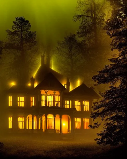 Prompt: a wide angle low photo of a colossal haunted victorian mansion on the edge of a cliff above a misty forest at night, saturated color, volumetric light, epic proportions, ectoplasm, mystical, occult, alchemy, ultra detailed, 8 k