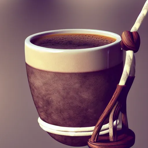 Prompt: a mug of coffee holding swinging a whip, highly detailed, 4k