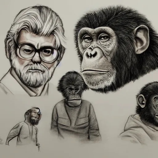 Image similar to pencil art, realistic self portrait, astronaut a and two chimpanzees, style of george lucas.