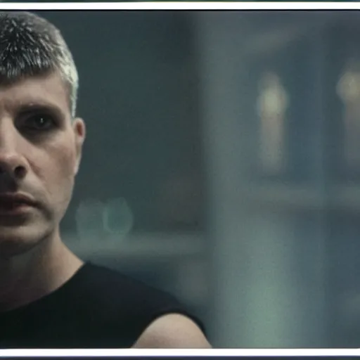 Image similar to close up portrait of a runaway replicant in an empty room, still from the movie bladerunner