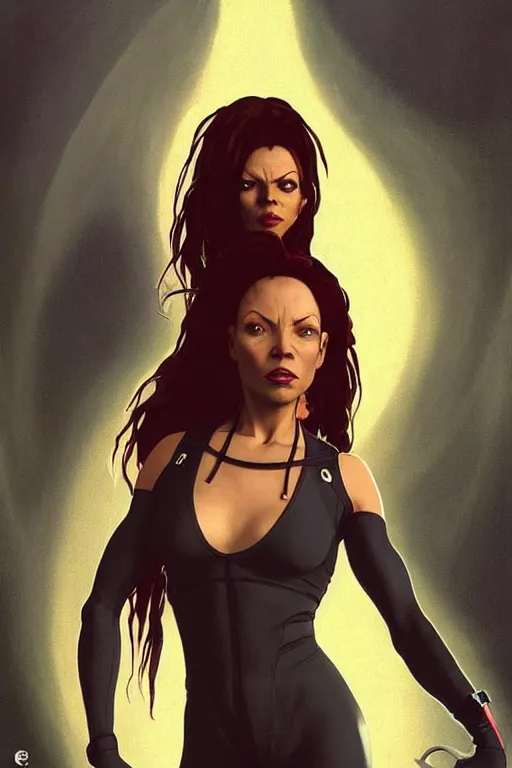 Image similar to gta scary spice as aeon flux profile picture by greg rutkowski, dynamic pose, flat matte painting, intricate, futuristic, fantasy, elegant, by stanley artgerm lau, greg rutkowski, thomas kindkade, alphonse mucha, loish, norman rockwell, fantasy lut, asymmetric, long hair, retro computer graphics, video game, fluid lines,