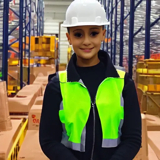 Image similar to photo, close up, ariana grande in a hi vis vest, in warehouse, android cameraphone, 2 6 mm,