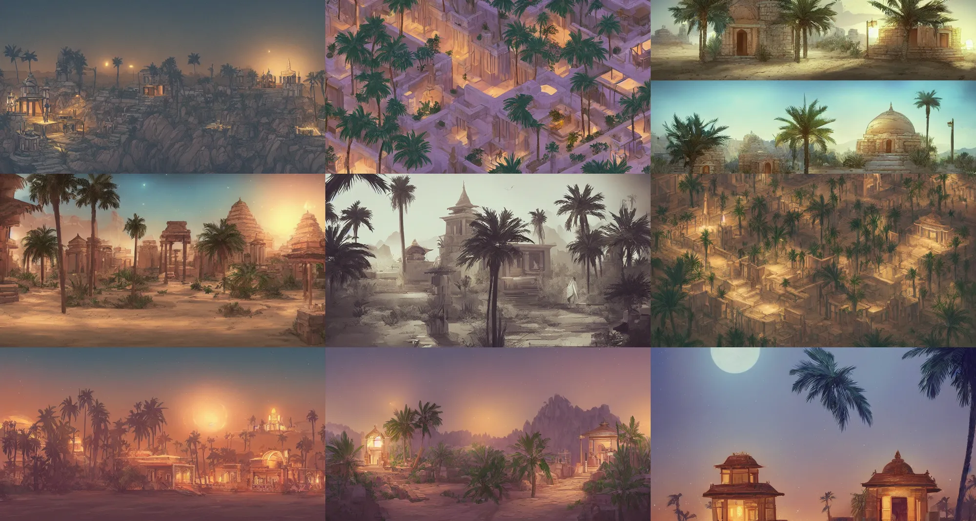 Prompt: Desert City, Small houses, large temples, a small oasis, a small palm trees; night; illustration, Artstation, Pixiv,