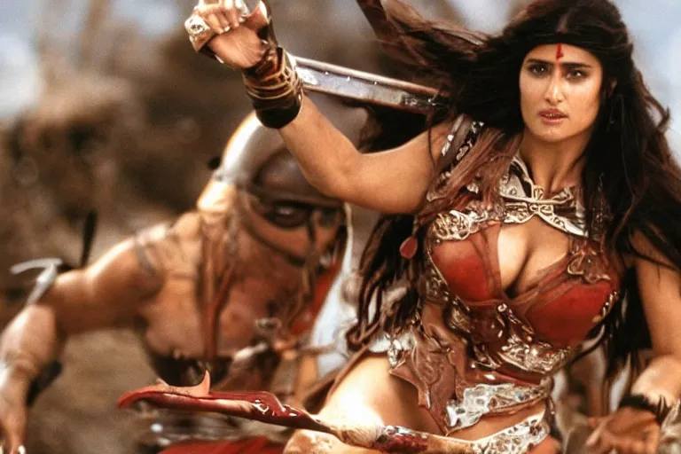 Image similar to epic photo of salma hayek as beautiful barbarian warrior princess in a battle scene, detailed eyes, neutral expression, depth of field, photorealistic, cinematic lighting, lovely bokeh, warm colours, dusk, conan 1 9 8 5