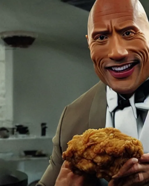 Image similar to dwayne johnson as colonel sanders eating fried chicken