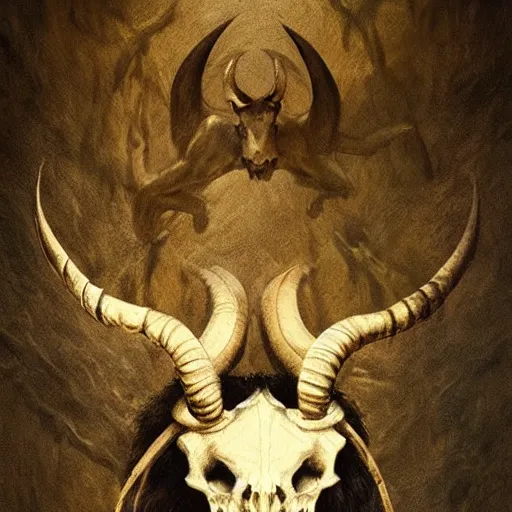 Image similar to baphomet with goat horns holding an animal skull, style of da vinci, horror, fantasy illustration, by greg rutkowski