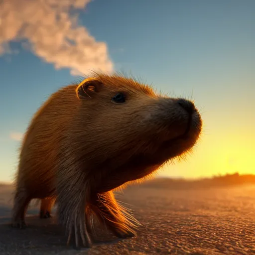 Prompt: a closeup photorealistic photograph of a cute smiling knitted capybara chasing a beachball at sunset. professional capture. this 4 k hd image is trending on artstation, featured on behance, well - rendered, extra crisp, features intricate detail, epic composition and the style of unreal engine.