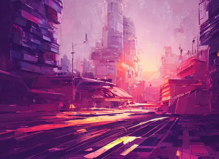 Prompt: A professional digital painting of a sci-fi city with strange angles, by Alena Aenami, trending on Artstation